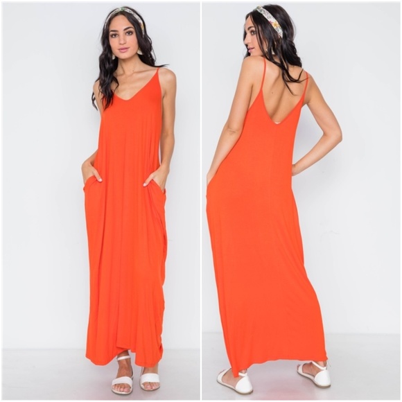 #27 ORANGE SOLID CAMI MAXI DRESS - Picture 1 of 6